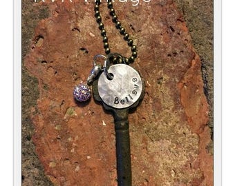 Antique Inspirational Skeleton Key Necklace - BELIEVE