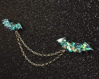 Twinkle Bat Cardigan or Collar Clips - sparkly iridescent handmade resin sweater clips with brooch backings and removable nickel-free chain