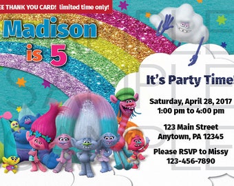 Trolls Birthday Invitation, 5x7, 4x6, DIGITAL file - free thank you card w/ purchase for a limited time only!