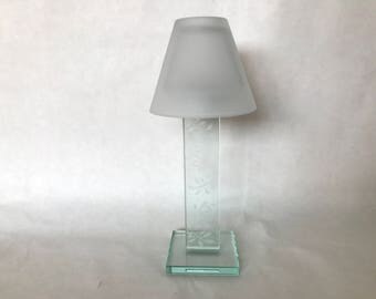 Vintage Etched GLASS VOTIVE LAMP, Unique Small Candle Lamp, Contemporary Leaf Design Etching, Frosted Shade, 8 1/2" tall, Square base