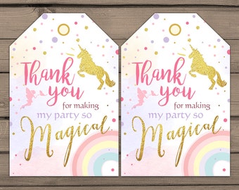 Unicorn Favor Tags Unicorn Birthday Thank you tags Label tags Magical Birthday Gift tags Rainbow Pink gold Girl birthday Digital PRINTABLE