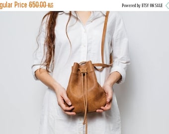 Brown leather bucket bag,Small soft Brown shoulder bag,Brown Leather bag for women