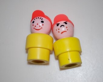 Choose One: Vintage Fisher Price Little People Play Family Boy Yellow Body Orange Hat Plastic Angry Sad