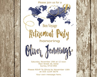 Retirement Invitation for men Blue Navy and gold Retirement Party Invitation Download Travel Retirement Celebration World map Custom colors