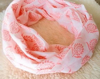 Linen Infinity Scarf, Coral Stamped Flowers Scarf, Eternity Scarf, Summer Scarf, Loop Scarf