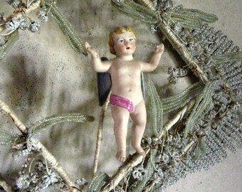 antique french glass beads funerary wreath with bisque angel