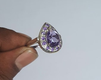 Natural Faceted Purple Amethyst Quartz Gemstone ( Pear 12 x 10 mm ) and 2 mm around in handmade Solid 925 Silver Ring ANY SIZE AVAILABLE