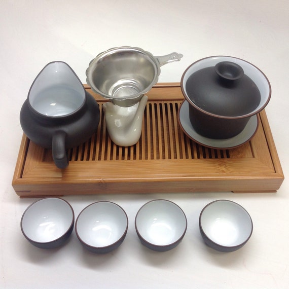 4oz Gaiwan Tea Set Fancy Black And White 10pcs with bamboo