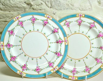 Pair of Minton China Luncheon Plates in Persian Rose Turquoise and Pink English Bone China, Ceramic Plates, Small Dinner Plates