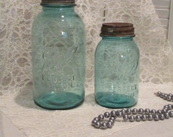 Vintage, Shabby Chic, Farmhouse Style Mason Jars- 1930s with Zinc Lids- Set of 2