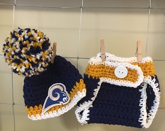 Baby Los Angeles Rams hat, Los Angeles diaper cover, newborn Los Angeles hat, ready made Rams baby hat, Rams photo prop, winter Rams hat