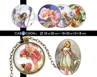 Fairies of Nature • 60 Images Digitales RONDES 25 20 mm OVALES 18x25 13x18 mm fee elfe fees fleur fleurs fillette fille cabochon page
