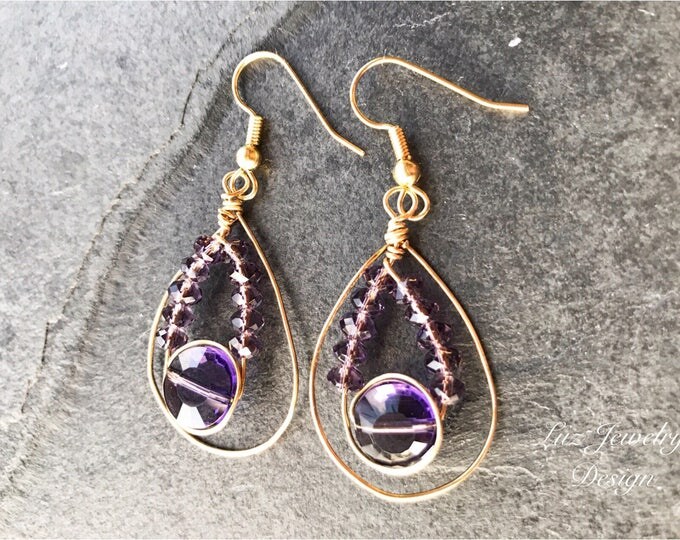 Gold purple earrings, Purple earrings, purple gold earrings, wire wrapping earrings, Purple jewelry, lavander earrings