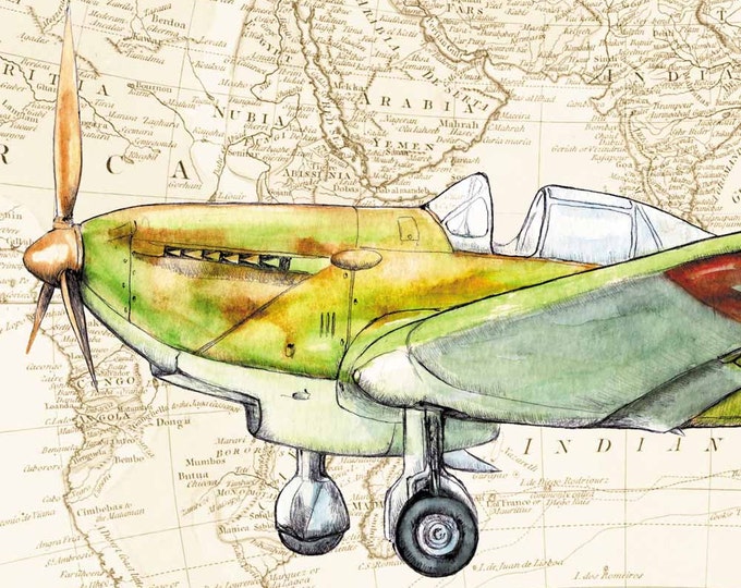 Plane on the World's map Airplane nursery decor Vintage map Military aircraft painting Boys nursery wall art Aviation theme