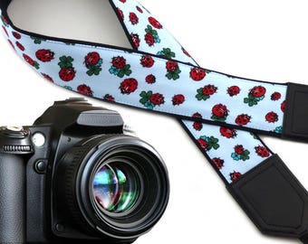 Ladybird camera strap with four leaf clovers. Light blue DSLR Camera Strap. Camera accessories by InTePro