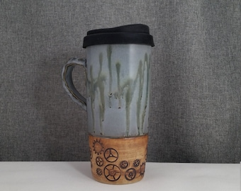 Made to Order (up to 3 weeks) ** Ceramic Travel mug / Commuter mug with silicone lid - Sage Blue / Cogs