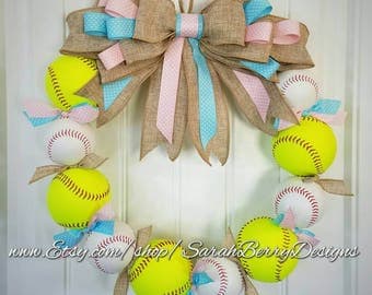 Gender Reveal Baseball Wreath - Perfect decor for the expecting parents!! Made with REAL baseballs and softballs!! Baby Nursery Shower Decor