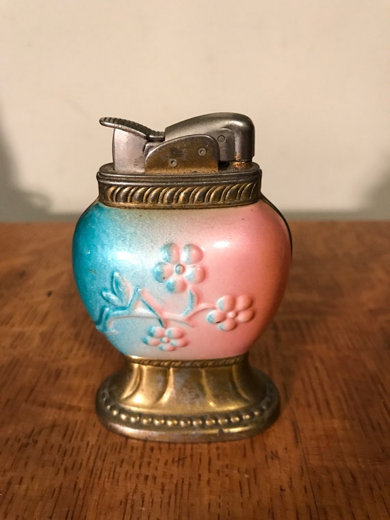 Vintage Table Lighter Cigarette Cigar Candle Pink Blue Shiny
