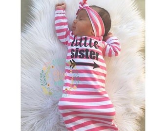 Little sister Baby girl gown pink stripe gown baby gown coming home outfit - pink gown going home set brand new, baby shower gift