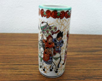 Vintage Hand Painted Chinoserie Chinese Bud Vase, Pen Holder Signed