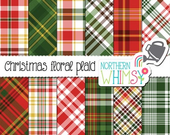 Christmas Plaid Digital Paper - red & green tartan - coordinates with the Christmas Floral scrapbook papers and clip art - commercial use OK