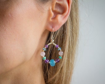 Amethyst turquoise beaded hoop earrings blue apatite jade rose quartz sterling silver handmade boho gemstone semi-precious