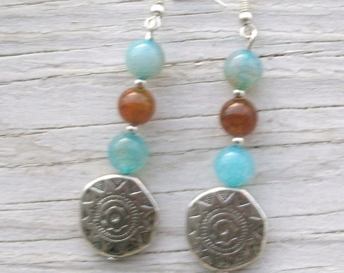 Western Flair Bracelet / matching earrings set - silver disks and blue/brown agate beads matching necklace shown in picture 5 available