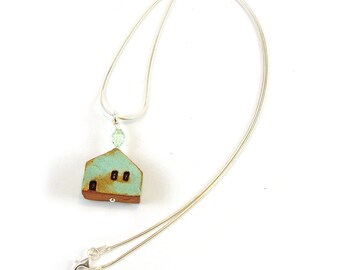 Mint Green Ceramic House Pendant Necklace Sterling Silver