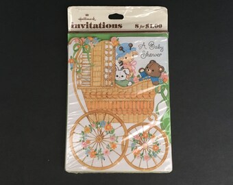 Vintage Hallmark Baby Shower Invitations. New package of 8. Wicker Baby Carriage.