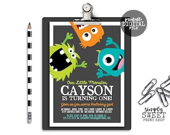 Monster Birthday Party Invitation Invite Chalkboard Little Monster Bash Green Orange Turquoise Blue Gray Silly Funny Cute Fun First One 1st