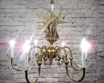 Vintage Antique Chandelier Light Fixture Brass Antler Deer Buck Lamp hunter