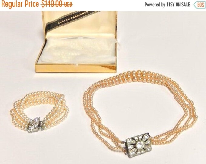 Storewide 25% Off SALE Beautiful Vintage Pearl Beaded Designer Necklace / Bracelet Set Featuring Beautiful Rhinestone Embelished Pendant & O