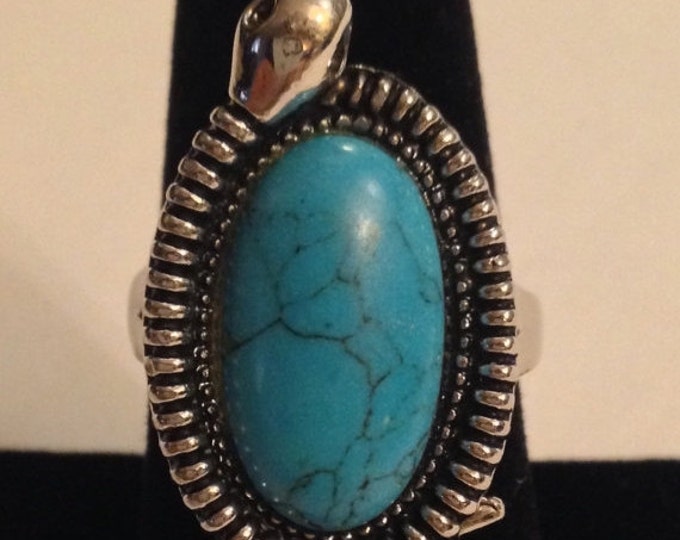 Storewide 25% Off SALE Vintage Silver Tone Oversized Oval Turquoise Designer Cocktail Ring Featuring Unique Circling Serpent Snake Garland T