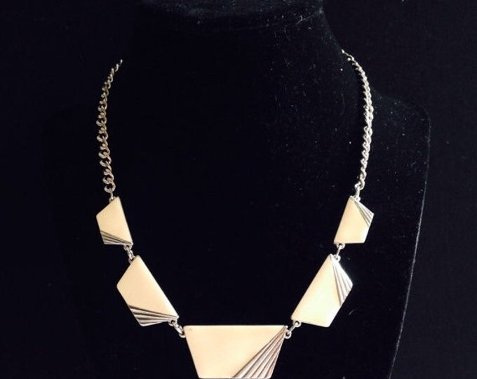 Storewide 25% Off SALE Vintage Silver Tone Geometric Enamel Set Designer Necklace Featuring Classic Mid Century Design