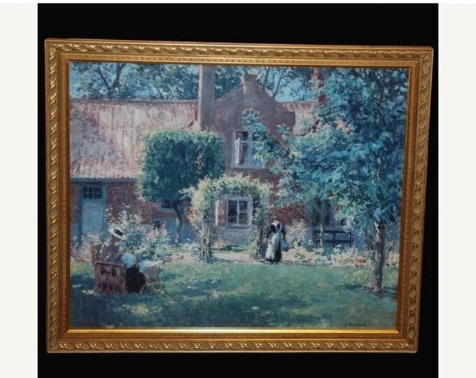 Storewide 25% Off SALE Large Vintage Print of a beautiful spring country English garden featuring old ladies enjoying the lovely grounds