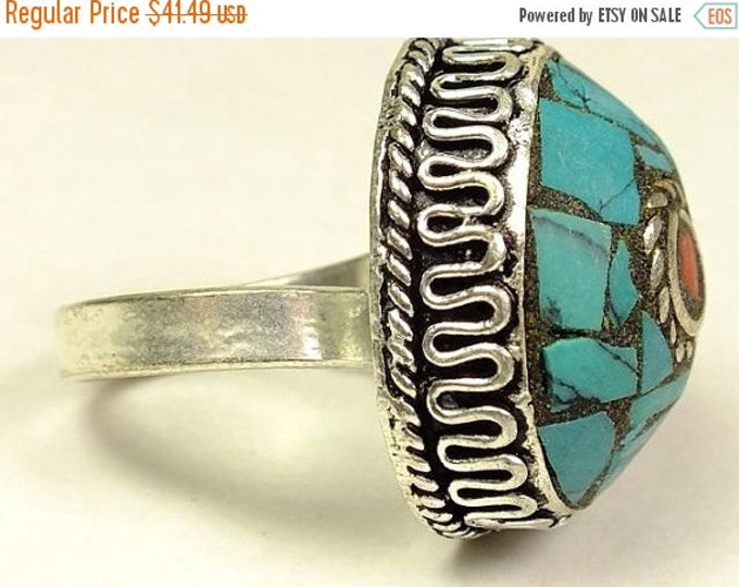 Storewide 25% Off SALE Vintage Southwestern style mosaic, unpolished, silvertone ring with turquoise and coral accents.