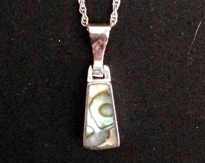 Storewide 25% Off SALE Vintage Sterling Silver Abalone Rectangular Shaped Pendant With Sterling Silver Necklace Featuring Unique Variegated