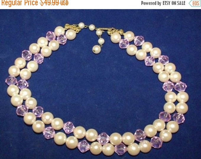 Storewide 25% Off SALE Vintage Double Stranded Pink Crystal & Faux Pearl Marvella Signed Choker Style Necklace Featuring Timeless Design