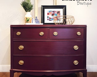 SOLD-Vintage bow front dresser. 9 drawer bedroom dresser. - SOLD-Vintage Dresser chest modern chic - bold color - jewel tone red /  purple with gold hardware -boho chic bohemian -San Francisco Bay Area