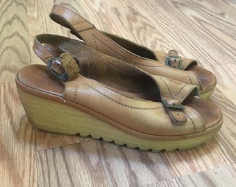 VTG 70's CHEROKEE Brown Leather Strappy PLATFORM Wedge Heels Peep Toe 5
