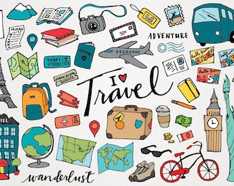 Travel Clipart - hand drawn illustrations, digital download, vacation clipart, wanderlust clip art, instant download, design resource