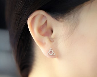 Harry Potter Earring in 925 Solid Silver, Cute Stud Earring, Triangle Earring, Custom Symbol Earring, Christmas Gift