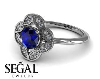 Victorian Engagement Ring Blue Sapphire Engagement Ring White Gold Vintage Antique Blue Sapphire Victorian Engagement Ring - Lucy