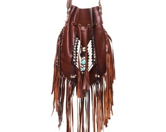 ON SALE Brown leather fringe purse, medium size, boho leather bag, fringe handbag, leather shoulder bag