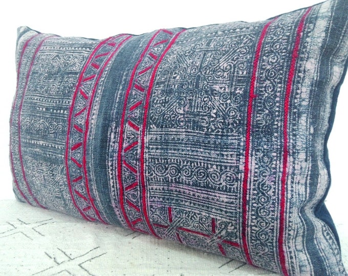 12"x 20" Vintage Hemp Blue Indigo Batik with Red Pink Stripes / Hmong Hemp Pillow Cover / Exotic Textile / Ethnic Costume Pillow Case