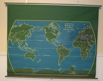 Vintage Nystrom Chalkboard World Pull Down Map 67" W x 55" L