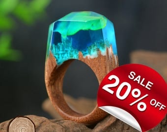 Northern Lights ( Handmade Wooden Resin Ring. Wood Resin Ring. Wood jewelry. with Magnificent Tiny Fantasy Landscape )
