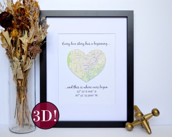 3D Latitude Longitude Coordinates Bridal Shower Gift, Engagement Gift