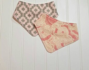 Bandana Bibs, pink and gray bib set, paisley bib, bandana bib girl, bandana bib, minky bibs, girl bibs, drool bibs, baby shower gift