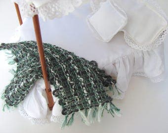 Green Gray Alpaca Cotton 1/12 Scale Dollhouse Miniature Artisan Hand Woven Bed Blanket Throw, Cottage Cabin Doll House Bedroom Decor Bedding